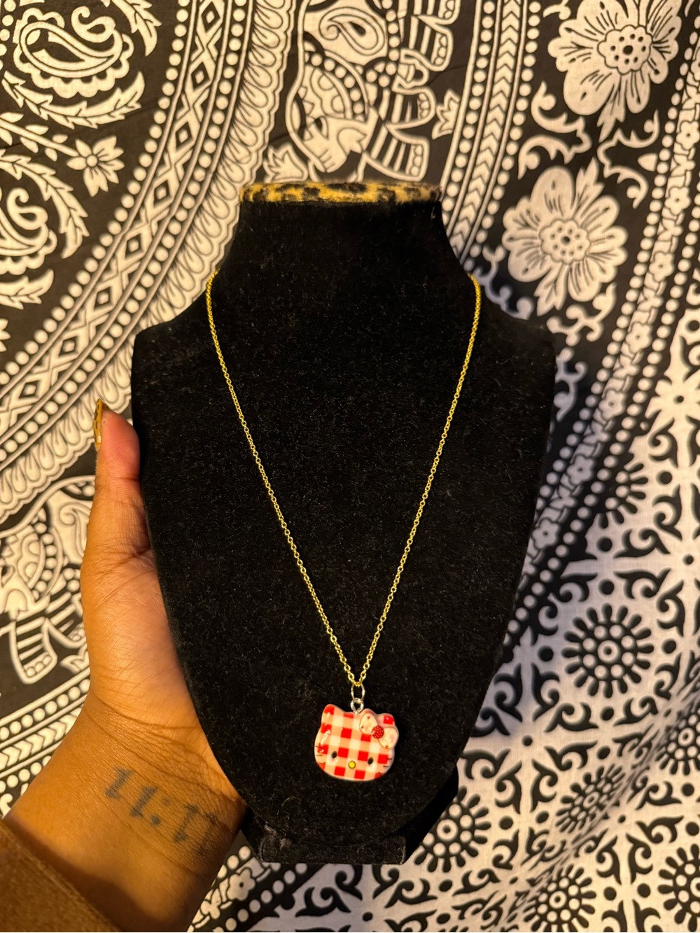 Hello Kitty Gingham Pendant 925 Gold Necklace